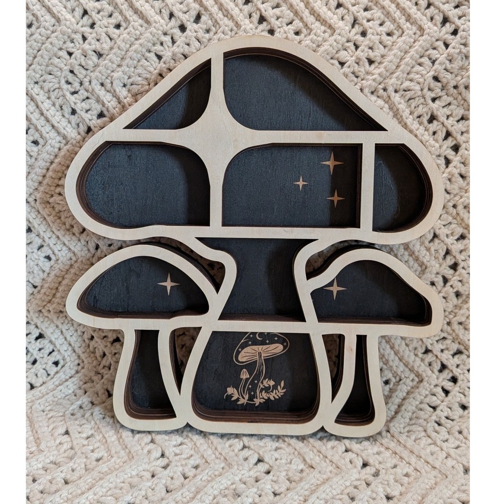 Fnydox Wooden Mushroom Crystal Display Shelf Celestial Wall Decor Shadow Box